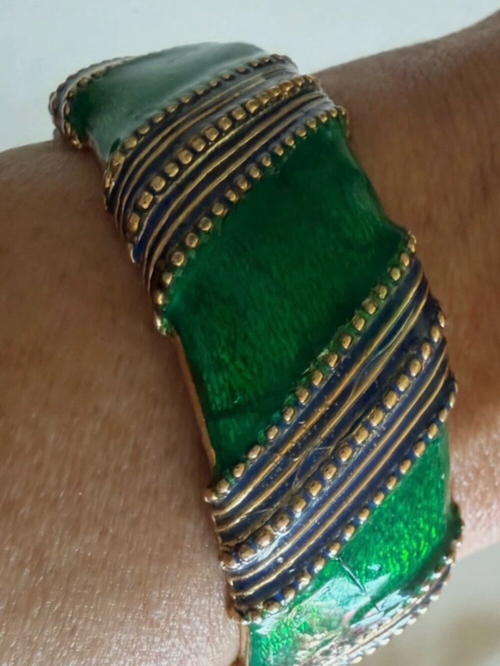 Vintage Signed Ciner Green & Blue Enamel Wide Striped Clamper Bracelet